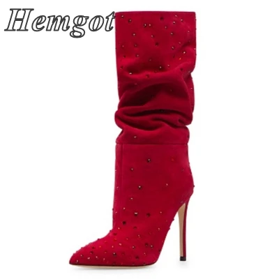 

2022 Fashion Spring and Autumn New Pointed-toe Rhinestone Stiletto High-heeled Shoes Pleated Boots Mid-boots Rivets Women's Boot