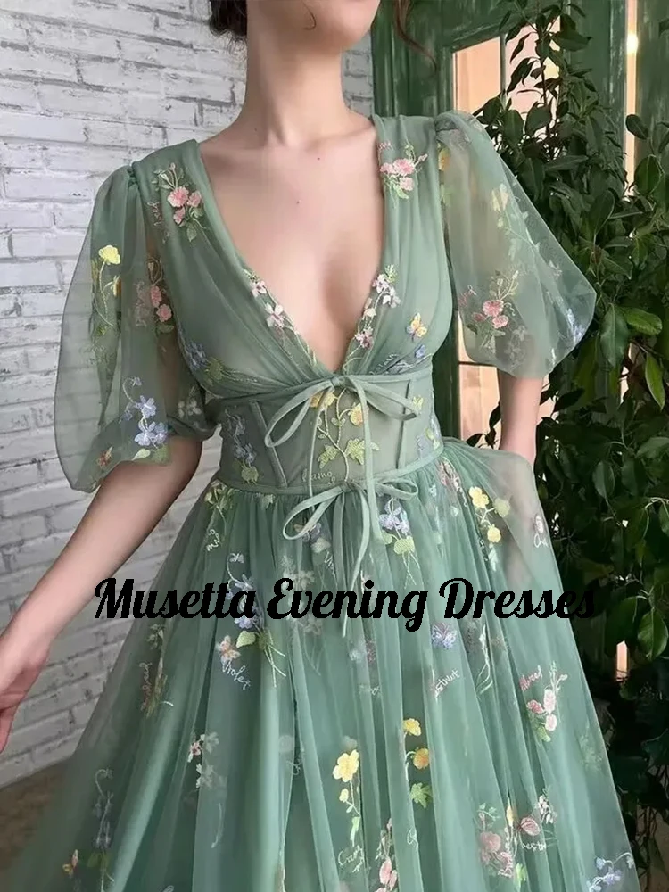 Bordado Lace Flowers Prom Dresses, V-Neck Puff Sleeves, Fada Verde A Linha Vestidos De Noite, Vestido de festa Open Back Tulle, Musetta