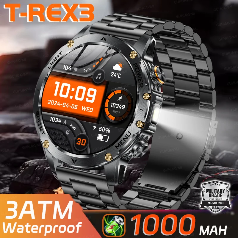 

T-Rex 3 военные спортивные умные часы на открытом воздухе, аккумулятор 1000 мАч, мужской GPS светодиодный фонарик IP69K, водонепроницаемые HD Bluetooth-часы для вызова