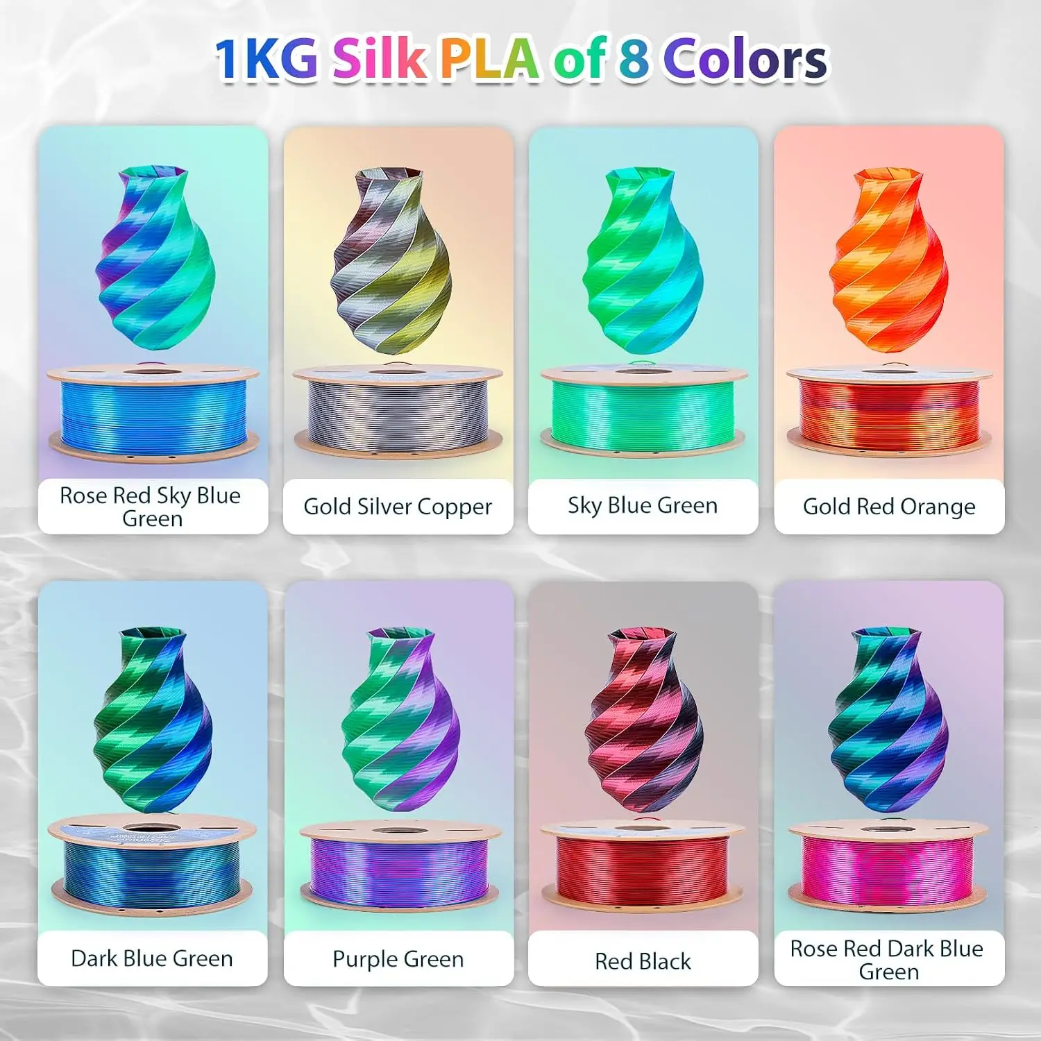 ^For Silk PLA Filament 1.75mm Bundle, Shiny Metallic Multi-Color 3D Printer Filament 8-Pack (1kg/Spool, 8kg Total), High Gloss