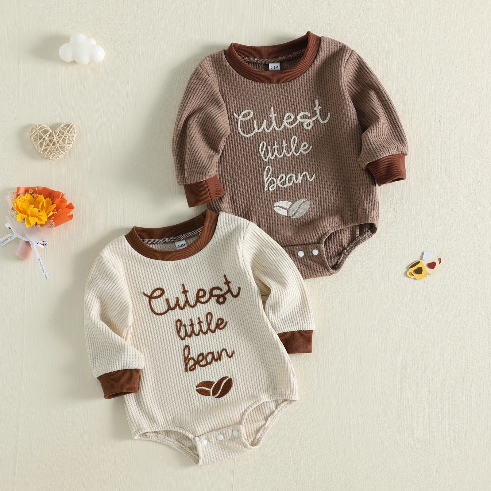 Infant Baby Fall Waffle Romper Long Sleeve O Neck Coffee Bean Embroidery Jumpsuit Boys Autumn Bodysuits Clothes