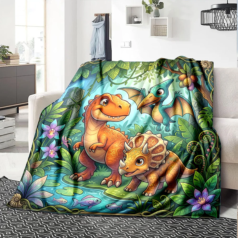 Cute Cartoon Dinosaur Jungle River Tropical Leaf Print Flannel Blanket Soft Throw For Sofa Bedroom Kids Indoor Daily Home Decor