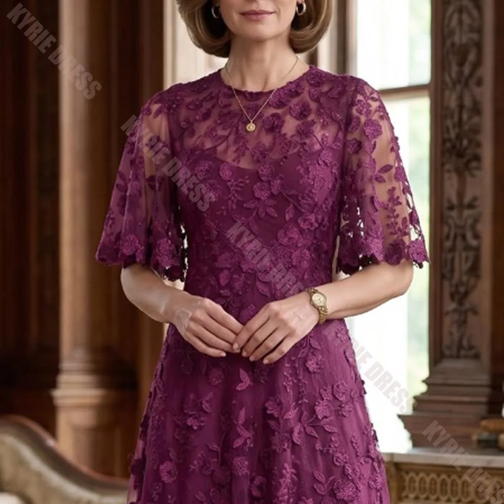 Modern Mother of The Bride Dress Customized Short Sleeves Lace Flowers Applique Tea Length Women Wedding Guest Gowns Party Dress