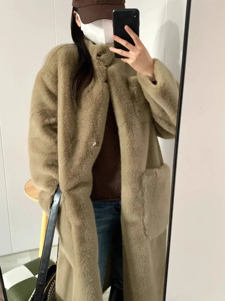 Chic Coffee Fur Imitation Coat Women Winter Mid Long Loose And Slim Fur Environmental Protection Mink Fur Buckle Mink Warm Coat