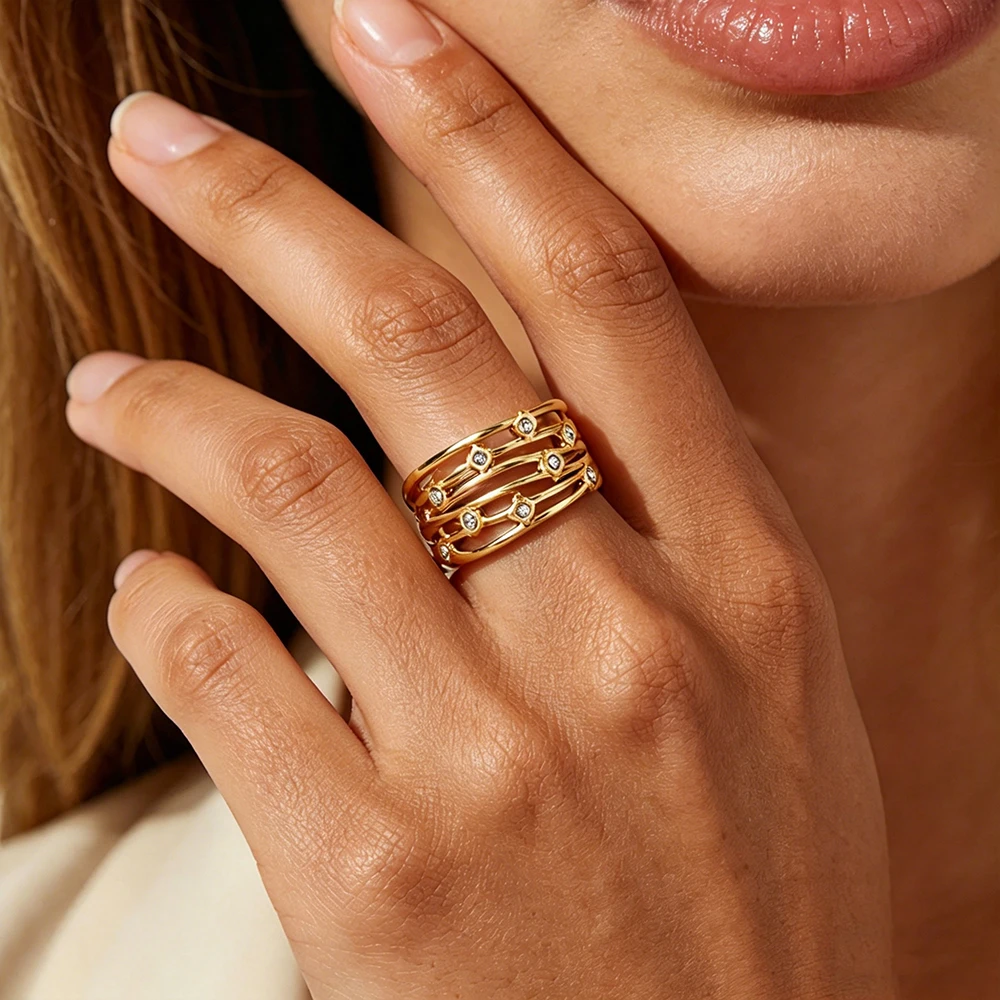 Zierliche mehrschichtige Zirkonringe für Frauen, goldfarben, Edelstahl, geometrischer Öffnungsring, Hochzeitsschmuck, Geburtstagsgeschenk