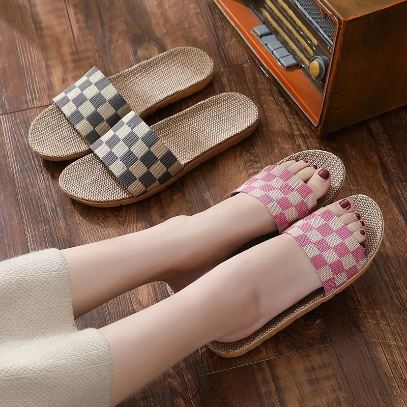 New Checkerboard Linen Slippers Women 2022 Summer Indoor Home Shoes Household Non-slip Couple Four Seasons Men\'s Sandals Y