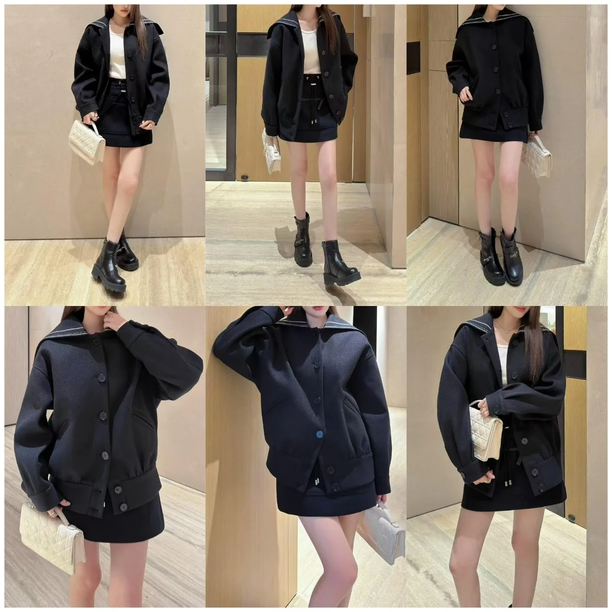 High end customized women's versatile navy collar woolen coat