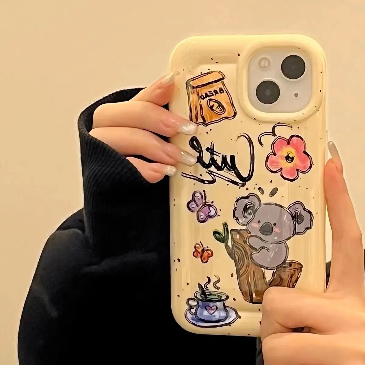 Custard Cartoon Koala Hug Tree Phone Cases for IPhone 11 12 13 14 Pro Max for IPhone Korean Vintage Phone Case Geometry Graffiti