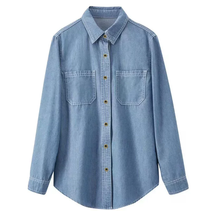 New Women Spring Autumn Long Sleeve Denim Shirt Fashion Turn-down Collar Single Breasted Loose Jeans Shirt Casual Daily Shirt view 5