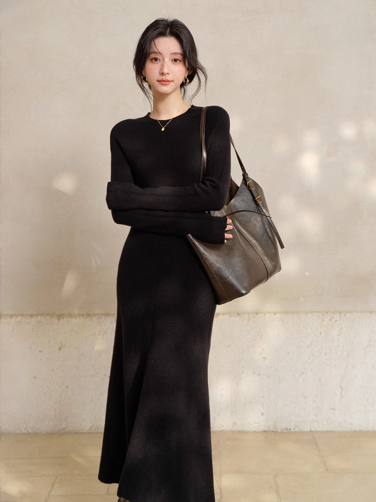 فستان منسوج للنساء أنيق سليم صالح فستان طويل سيدة لينة بسط الجولة الرقبة Bodycon فستان ماكسي الزي لأسلوب اليومي الأنيق #4