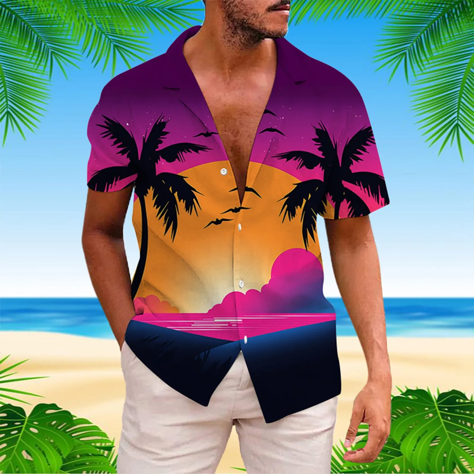 

Hawaii Casual Print Men Short Sleeve Shirts 2024 Coconut Sunset 3D Graphic Button Up Tops Summer Clothes Playeras Para Hombres