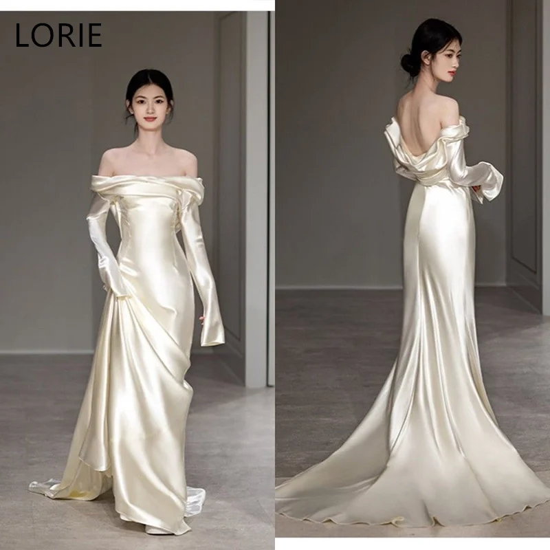 

LORIE Mermaid Wedding Dresses Off Shoulder Satin Bride Prom Gown Sleeveless Ankle Length Flare Sleeve Bridal Gown Customized