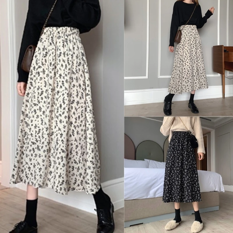 

Women Vintage Floral Print Pleated Midi Long Skirt Elastic High Waist Spring Summer A-Line Casual Loose Swing Skirts