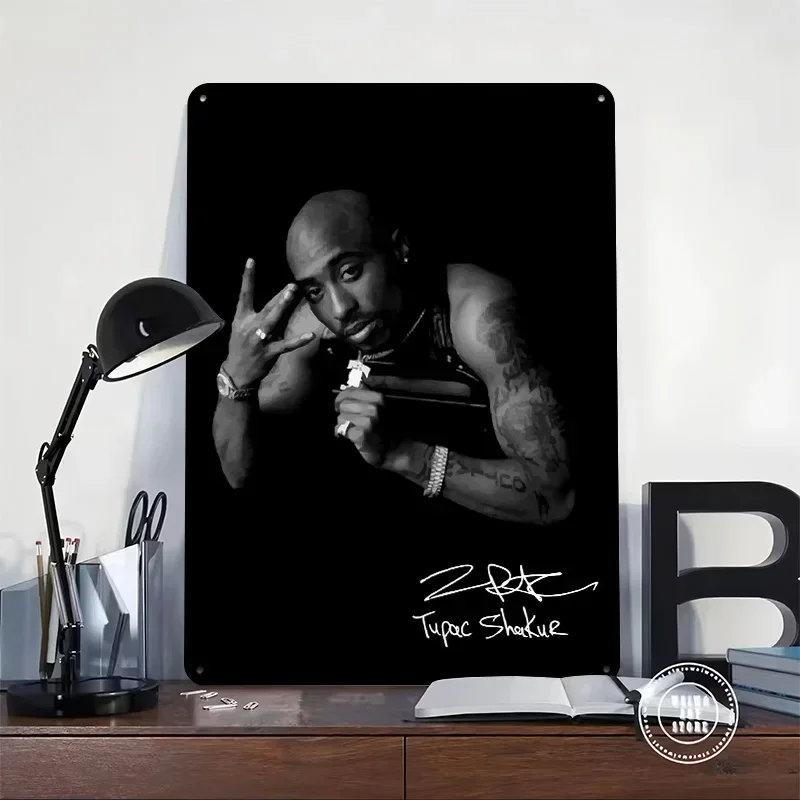 Tupac Shakur Portrait With Signature Poster Retro 3D Printed Metal Signs Customized Wall Hanging Gift for Decoration Aesthetic