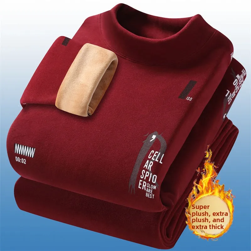 남성용 보온 내의 플리스 두꺼운 세트 겨울 중간 높이 목 독일산 플리스 청소년용 롱존스 바텀 코튼 스웨터