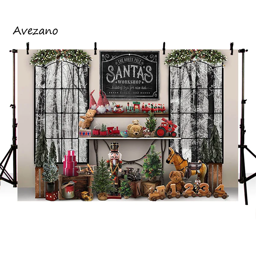 Avezano Christmas Background Window Toy Shop Bears Santa Claus Pine Kids Portrait Decoration Photography Backdrop Photo Studio