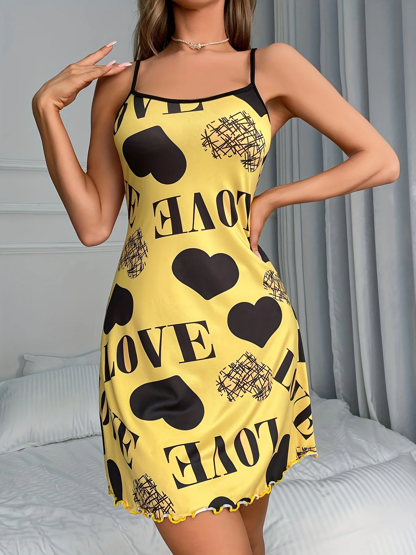 Women Summer Camisole Nightgown Backless Heart LOVE Print Soft Breathable Sleepwear Ruffle Hem Round Neck Night Dress - Image 4