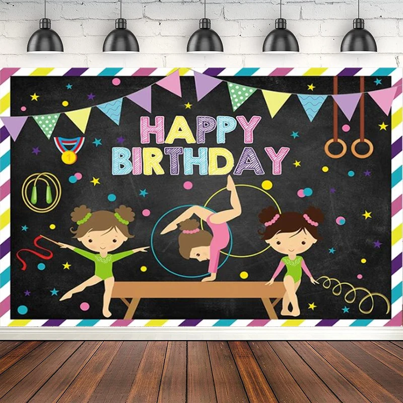 Photography Backdrop Gymnastics Girl Birthday Party Gymnasts Tumbling Flip Jump And Play Decor Background Poster Photo Studio