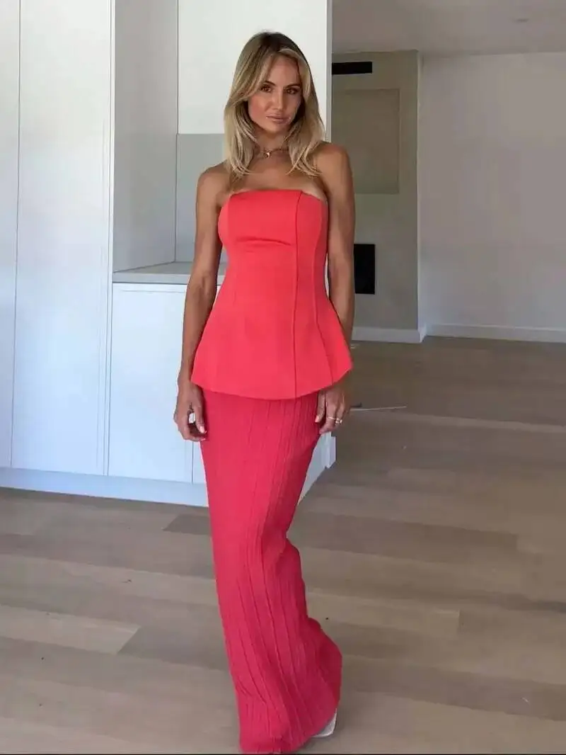 

Тонкий топ без бретелек, комплект юбок, женские элегантные топы без рукавов с открытой спиной, плиссированная юбка с высокой талией, весенние новые женские однотонные наряды M95A