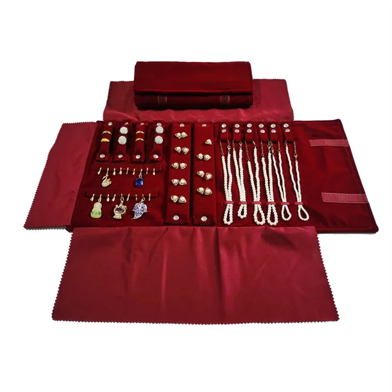 Burgundy Velvet Jewelry Roll-Up Case Portable 16-Slot Necklace Roll-Up Case Set Roll-Up Case Film Cover Cloth Set