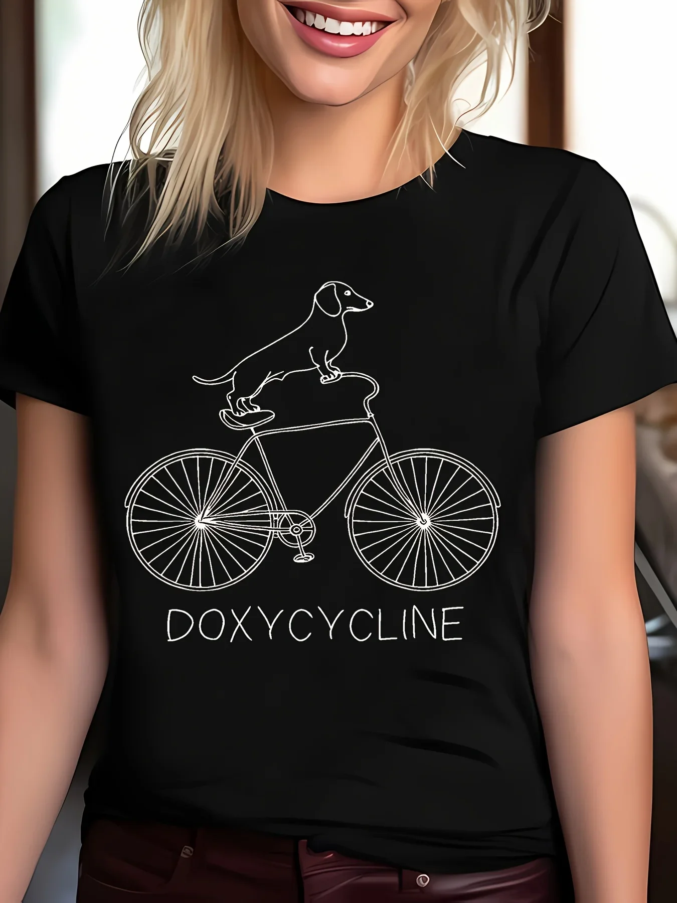 Women's Casual Short Sleeve T-Shirt Playful Dachshund Riding Bicycle Graphic Print Black White Round Neck Top Aesthetic Clothes