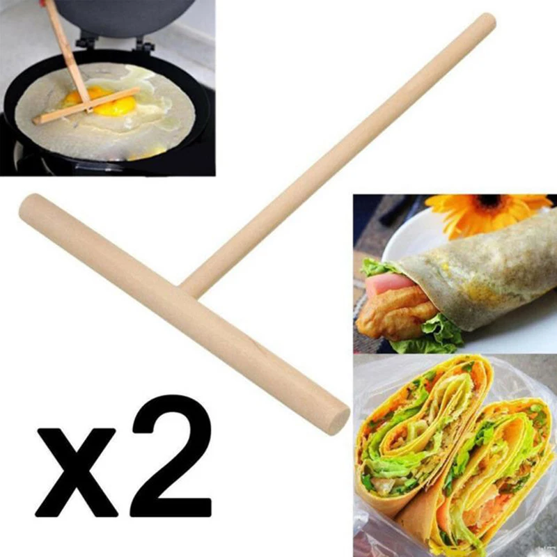 2Pcs T Shape Wooden Rake Round Batter Pancake Crepe Spreader Kitchen Tools