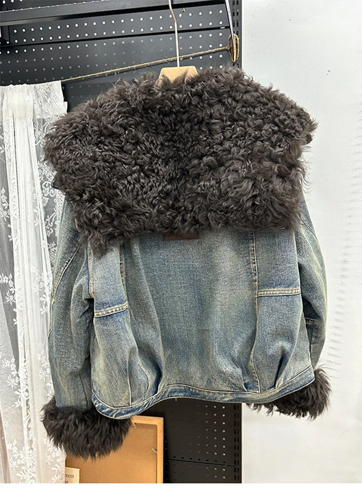 冬の新作リアルラムシープファーカラーカフスダウンジャケットショートカジュアルダウンウォームデニムジャケット女性用パーカーパファージャケット