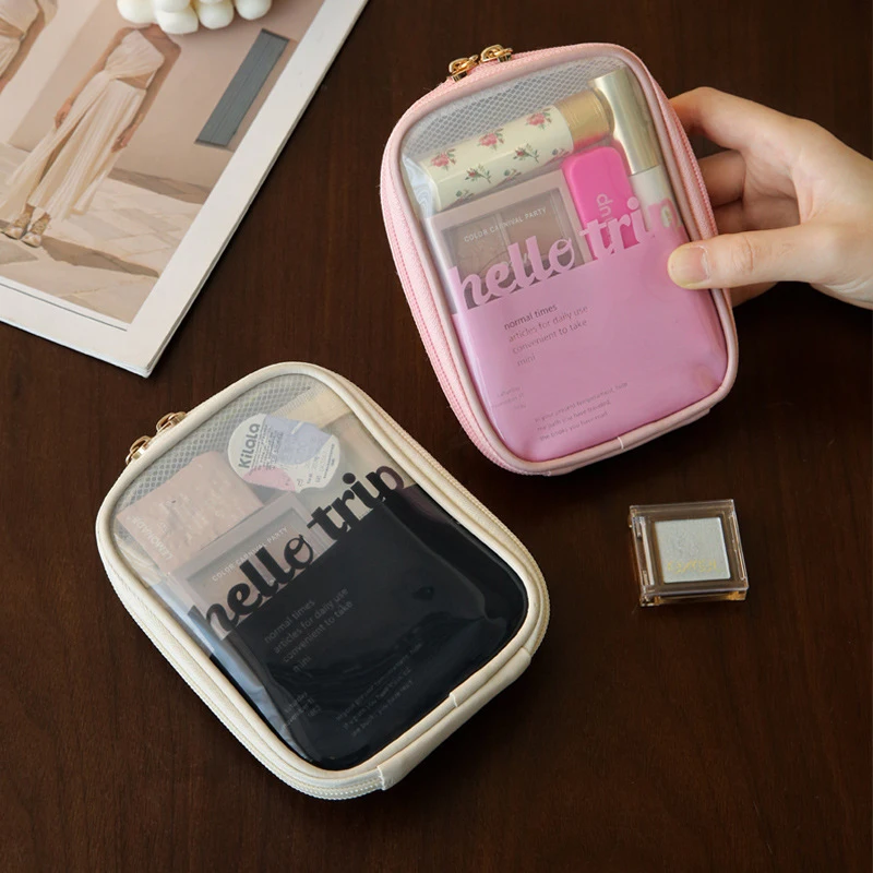 Mini Clear Makeup Bag Pu Saffiano Vegan Faux Leather Cute Small Visible Window Storage Lipsticks Cosmetics Case For Purse