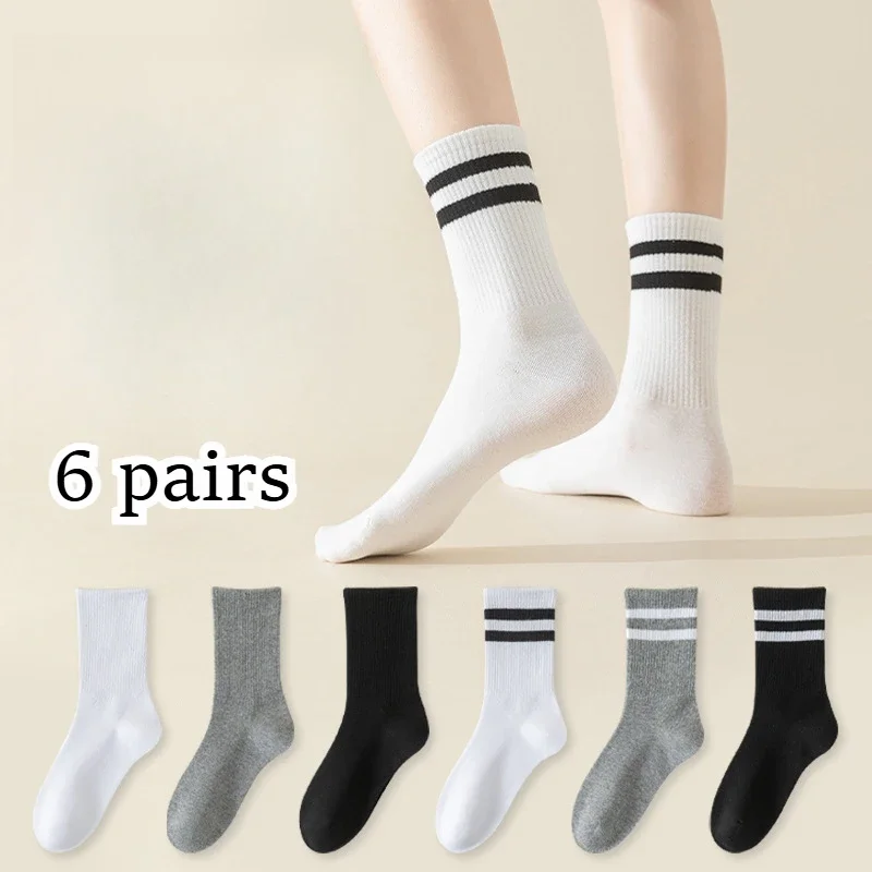 

6 пар простых носков, универсальные однотонные дышащие удобные спортивные осенние женские носки средней длины с параллельным узором