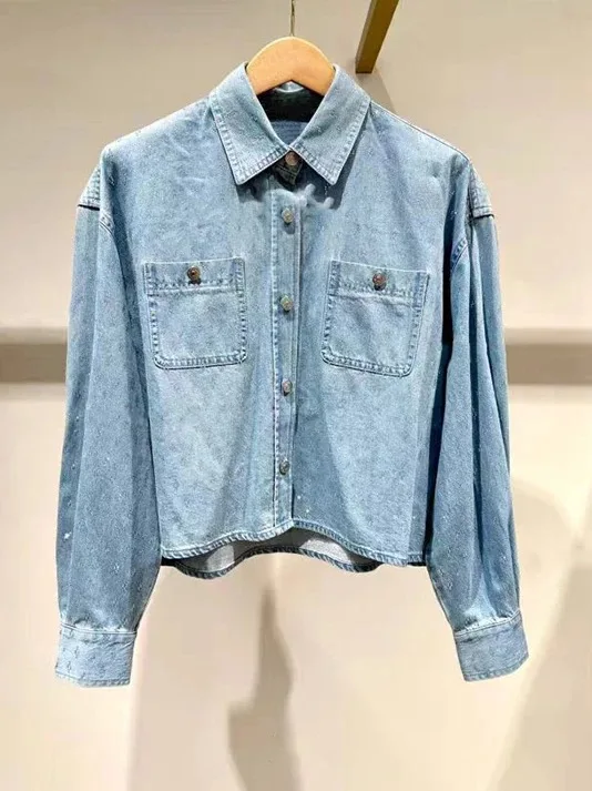 طقم بناتي كاجوال بأكمام طويلة من M Home لبداية الخريف، قميص دينيم أزرق مغسول بأكمام طويلة مزين بالماس وفضفاض #5