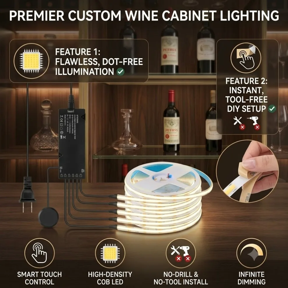 Striscia LED COB 320LED/M con Controllo Sincronizzato e Dimmerazione Touch, Alimentatore Nero per Cucina, Dispensa, Vetrina, Camera da Letto, Armadio,