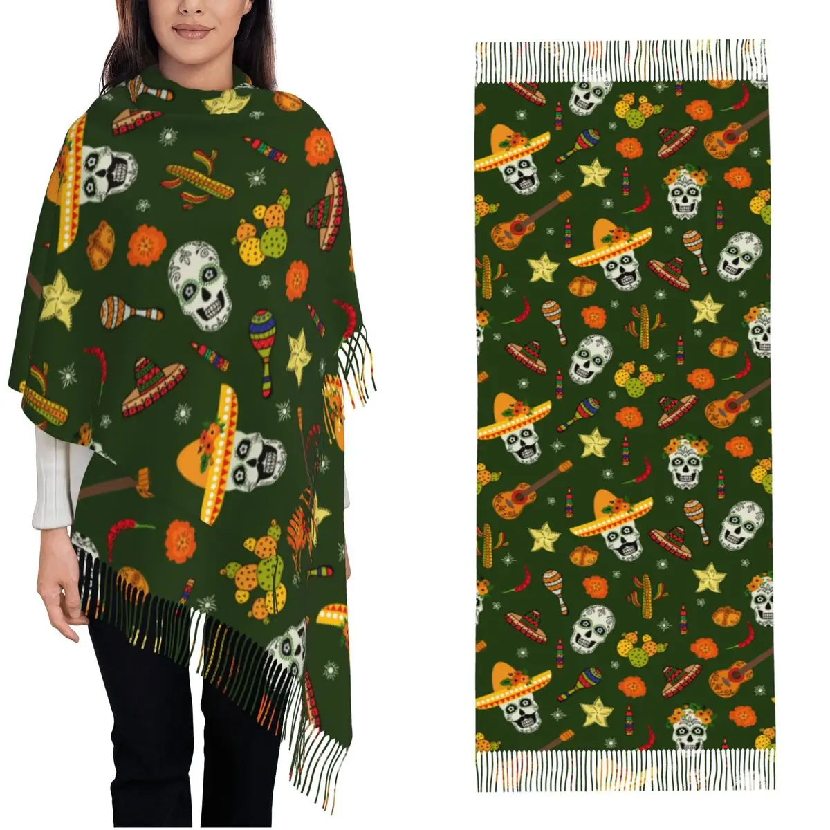 Womens Tassel Scarf Day Of The Dead Mexican Sugar Skull Calavera Long Super Soft Shawl Wrap Dia De Los Muertos Pashmina Scarves