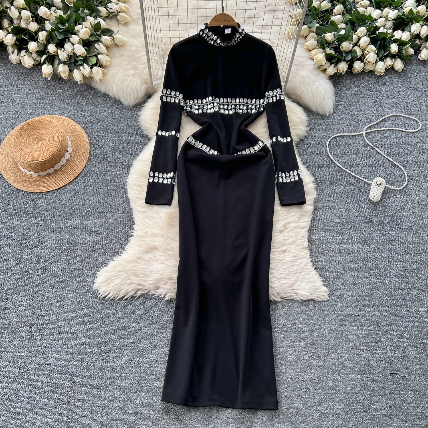 Elegant Long Sleeves Vintage Stand Collar Chic Rhinestone Split Slim Long Dresses Fashion Evening High Street Autumn Clothing