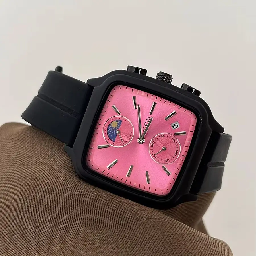 Multi-Function Women Watch Black Silicone Strap Sun Square Moon Phase Dial Quartz Wristwatch Waterproof Casual Ladies Clock Gift
