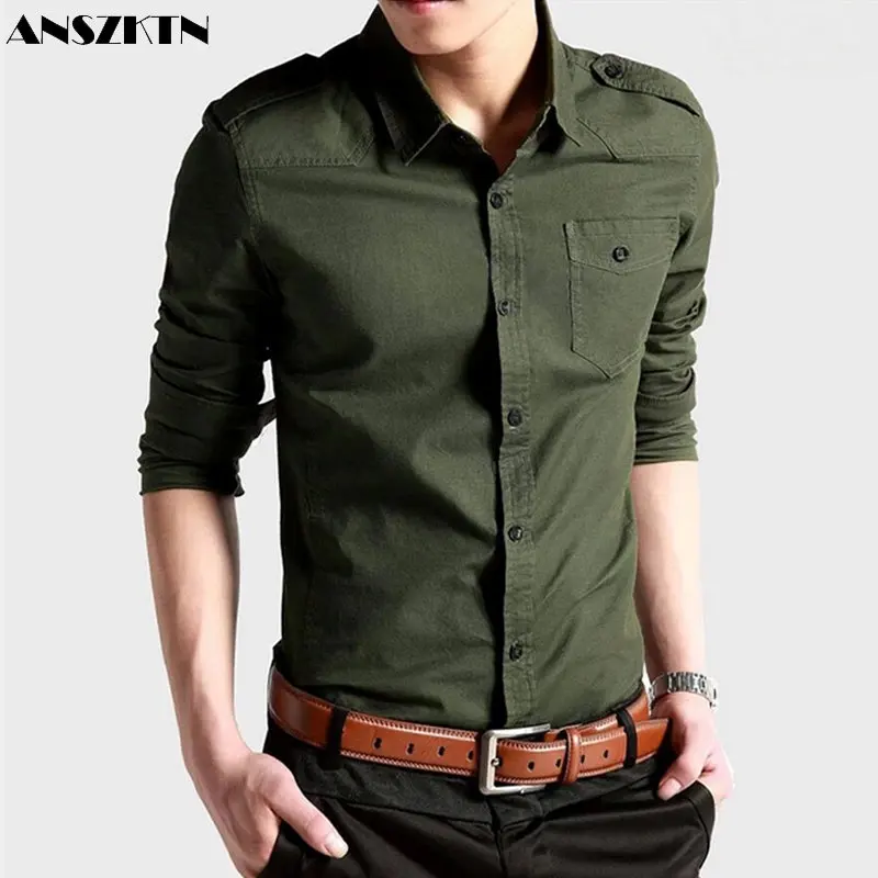 

ANSZKTN Shirt Slim Fit Pure Color Smart shirts Comfortable M-4XL Blue Khaki Green All-Match Shirt for men