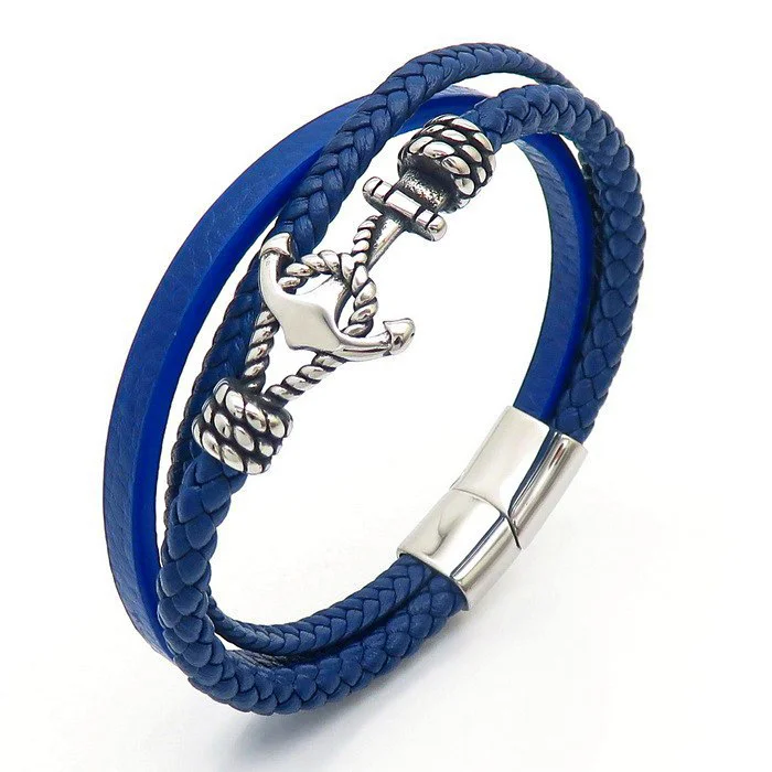 Minimalist style men's multi-layer woven leather bracelet, creative boat anchor magnetic buckle bracelet