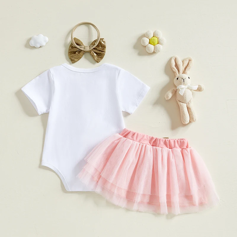 Baby Girl Easter Outfits Rabbit/Carrot Embroidery Crew Neck Short Sleeve Romper Bow Skirts Headband 3Pcs Clothes Set