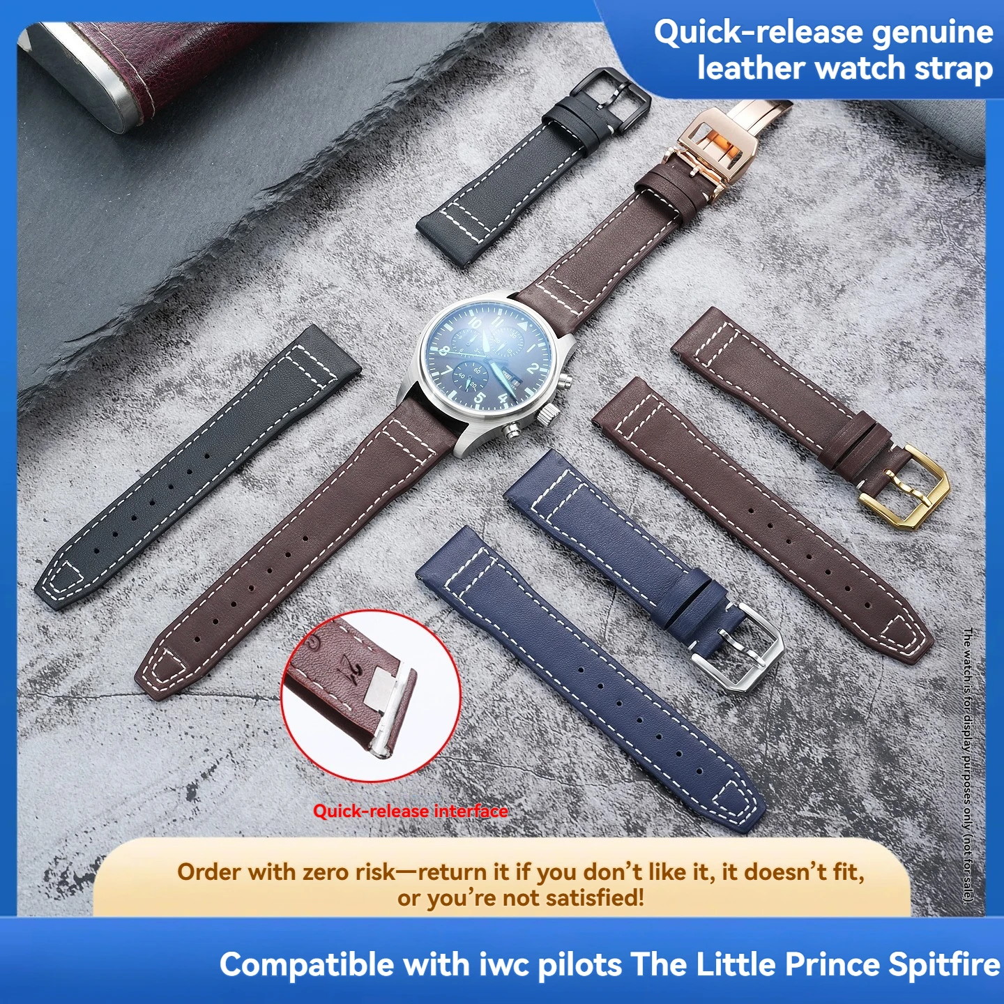 For IWC Pilot’s Watch Steel-Buckle Grained Calfskin Quick-Release Leather Strap “Little Prince” Mark 17/18/20 Spitfire