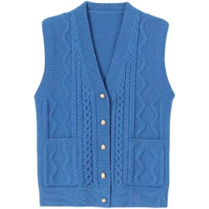 New Middle-Aged Elderly Mother Vest Women Autumn V Neck Knitting Cardigan Tops Casual Sleeveless Solid Color Waistcoat Female