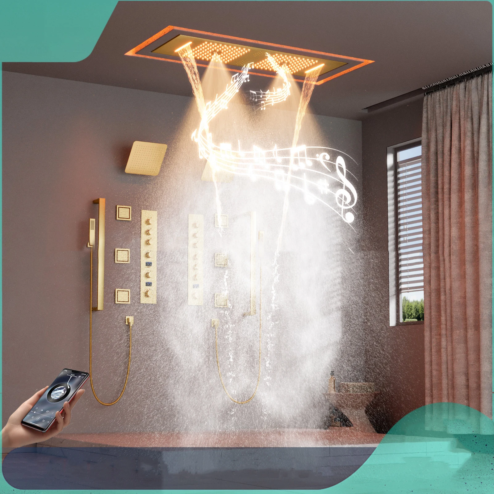 Weihao 2025 Model Uncoated Brass Sunshade Light Enhanced Pressure Shower Concealed Faucet Set Bluetooth Music Shower System