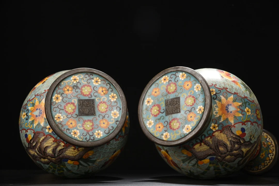 

15"Old Nepalese temples Old Bronze Cloisonne Bird Bamboo Leaves pattern Spring Vase big belly Bottle A pair Worship Hall