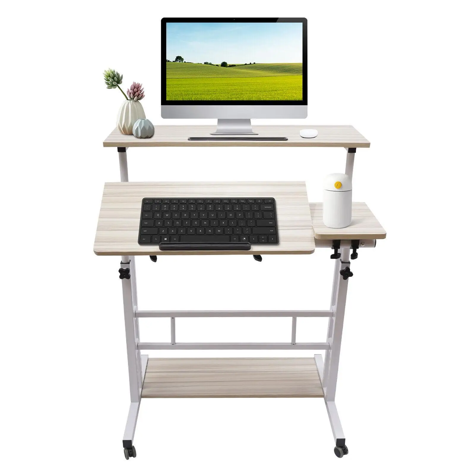 

Mobile Stand Up Desk Adjustable Laptop Desk With Wheels Home Office Computer Table-White