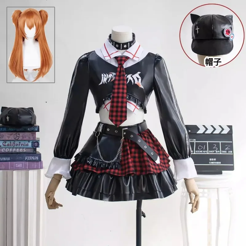 

Black Leather Crop Top Red Plaid Mini Skirt Cosplay Asuka Premium Masterline Figure Outfit Full Set for Women Cosplay Party