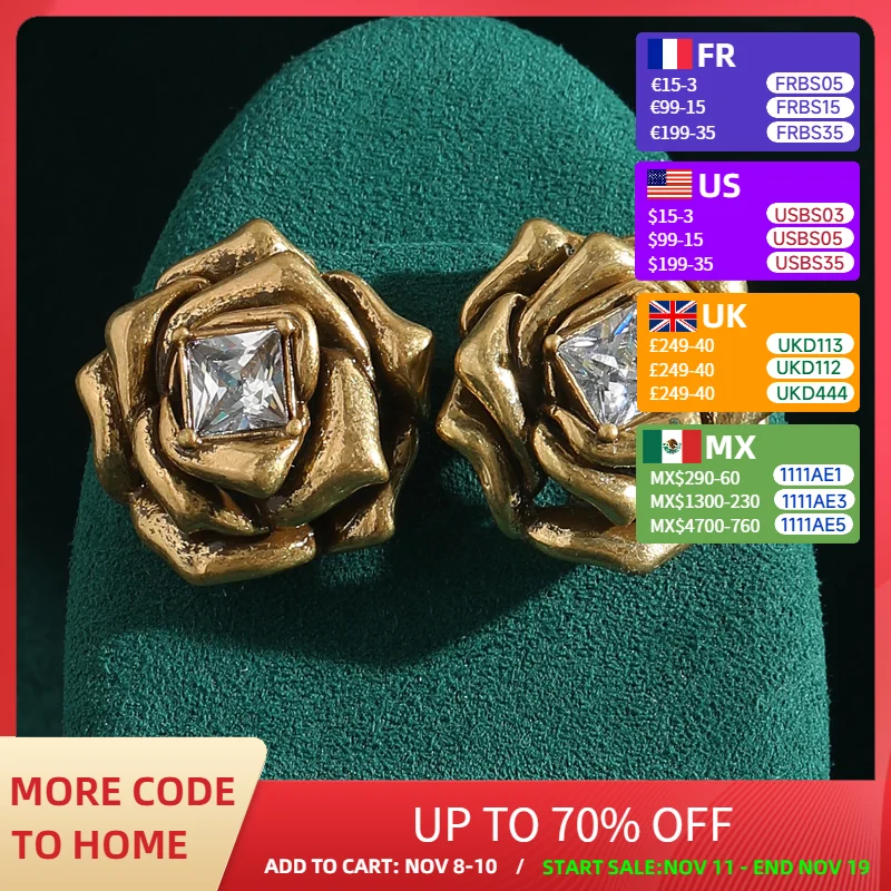 

Vintage Retro Camellia Flower Earrings Stud For Women Gold Color Square Cubic Zircon Antique Luxury Quality Jewelry 2025