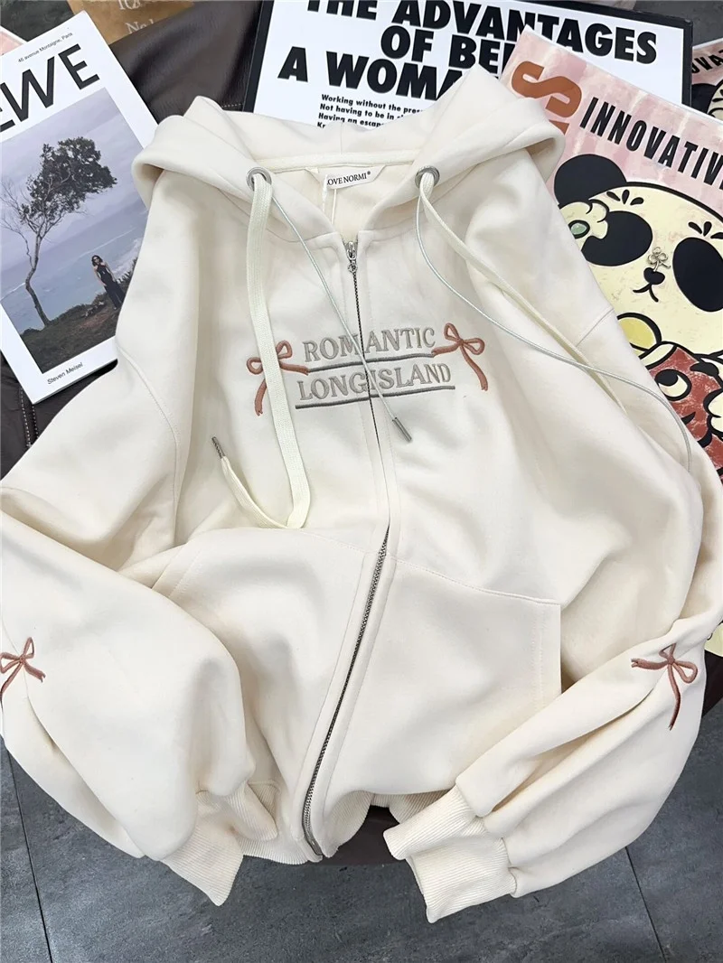 

Spring 2026 Women's Loose Hooded Zipper Cardigan Sweatshirt Sleeve Design Korean Style Long Sleeve Regular Fit Oute...