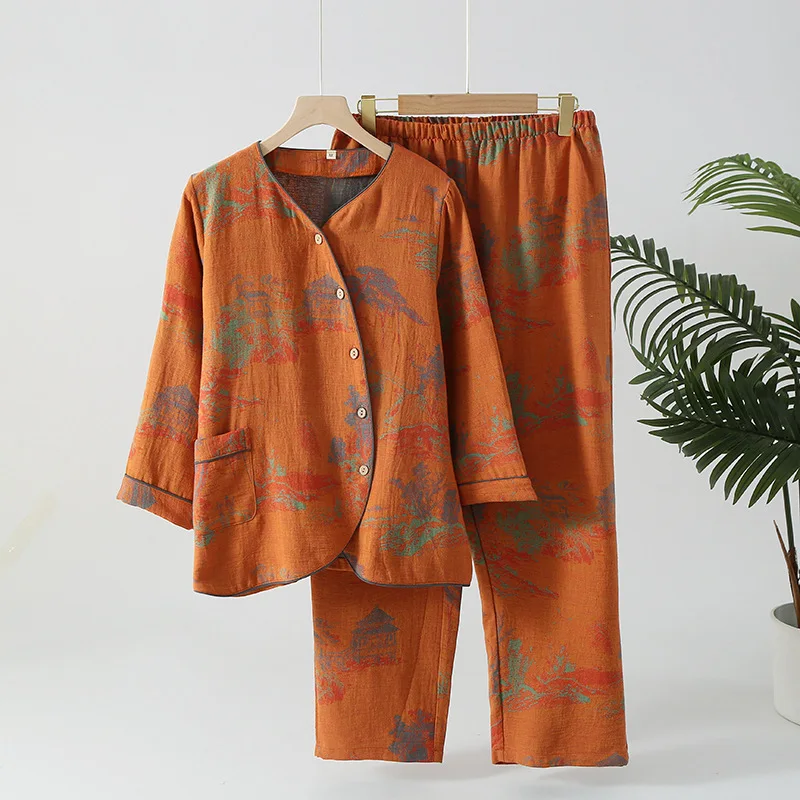 Retro Floral Women's Pure Cotton Gauze Pajamas Woman Pyjama Set New Autumn Sleepwear Nightie Long Sleeve Trousers Home Wear Suit