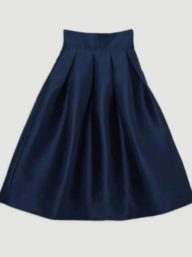 Women's Navy Blue High Waist Pleated Skirt Zippered Back A-line Midi Length Elegant Party Wear Skirts 2025 Autumn New Bottoms