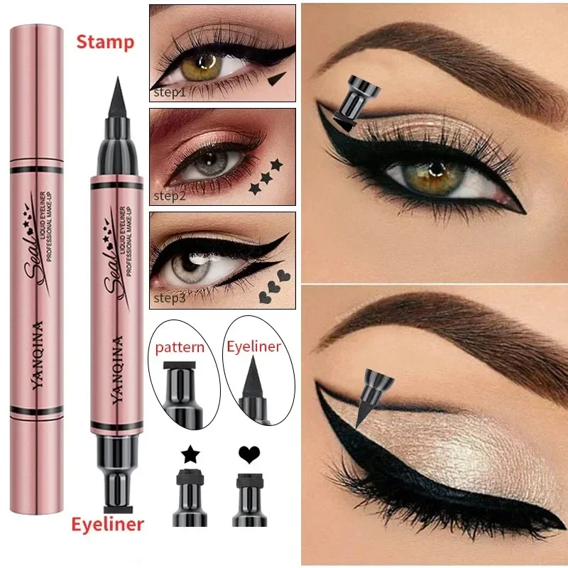 قلم تحديد العيون ختم يدوم طويلاً مقاوم للماء سريع الجفاف مزدوج الأطراف قلم تحديد العيون السائل الأسود المكياج للنساء مستحضرات التجميل