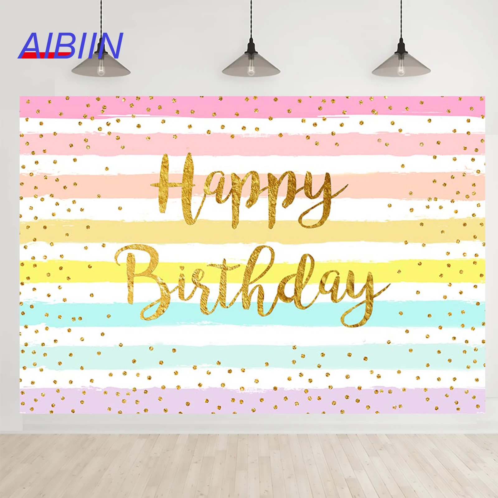 Rainbow Stripes Happy Birthday Photography Background Gold Glitter Dots Colorful Backdrop Party Decor Child Girl Photo Studio