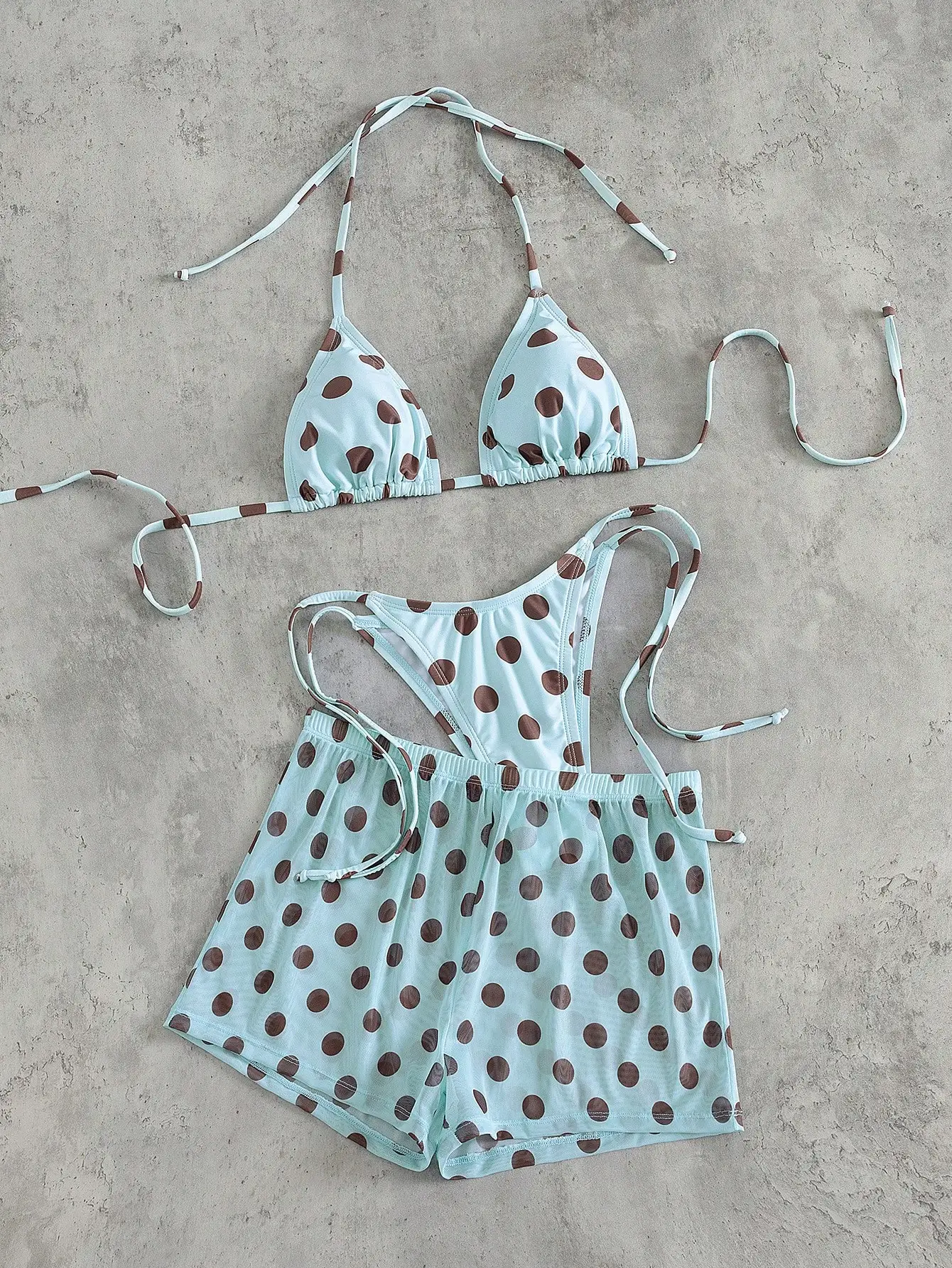 

Mint Green Polka Dot Two-Piece Swimsuit Set: Halter Triangle Top With Adjustable Straps And Mesh Cover-Up Shorts